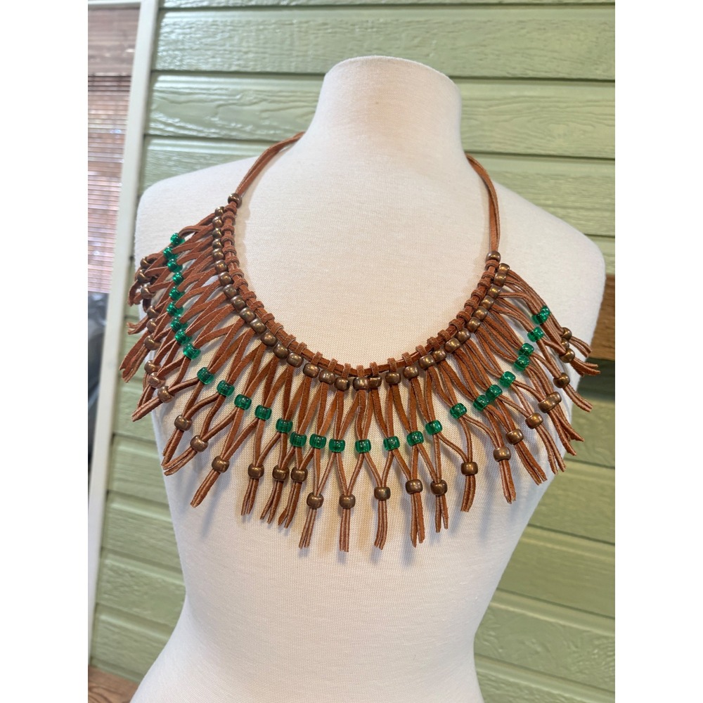 Handmade Brown Faux Suede Fringe Bib Necklace Green Glass Beads Bronze Southwest
